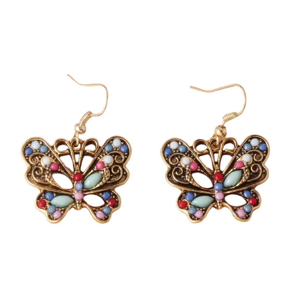 Antique Gold Multicolored Stone Accented Butterfly Earrings